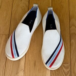 Rothy's White Sneakers with Red and Blue Stripes